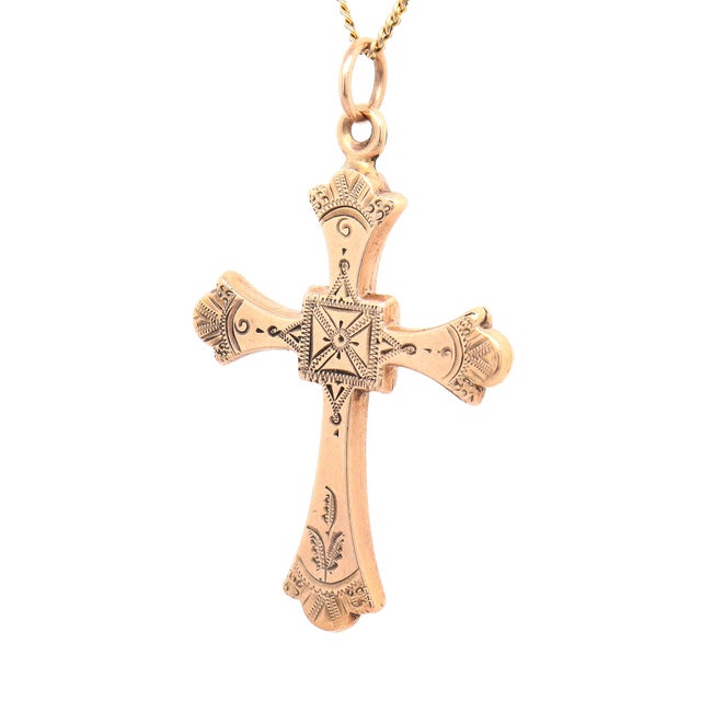 Antique Victorian 10k Gold Engraved Cross Pendant for a Necklace For Sale - Image 4 of 14