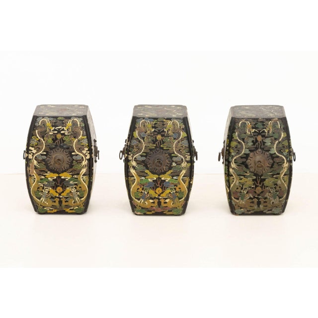 Set of Three Chinese Export Five-Clawed Dragon and Phoenix Motif Black Lacquered Stools, circa 1900, each polychrome...