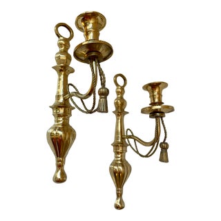 Hollywood Regency Brass Rope & Tassel Candle Sconces - a Pair For Sale