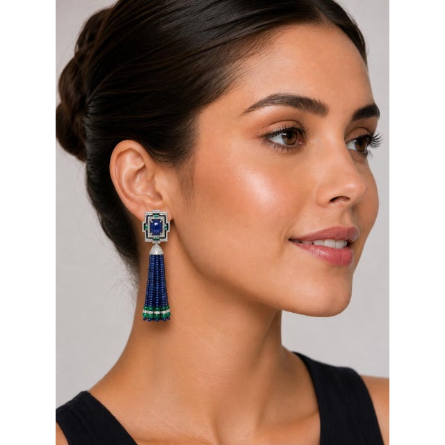 18K Tassle earrings with detachable tops containing 2 cabochon cut tanzanites weighing 8.89 carats, 8 emeralds weighing...