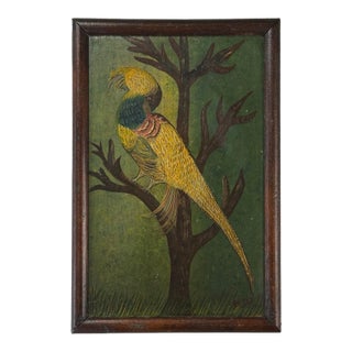 Antique Folk Art Painting of a Bird in a Tree, Signed (Oil on Board) For Sale