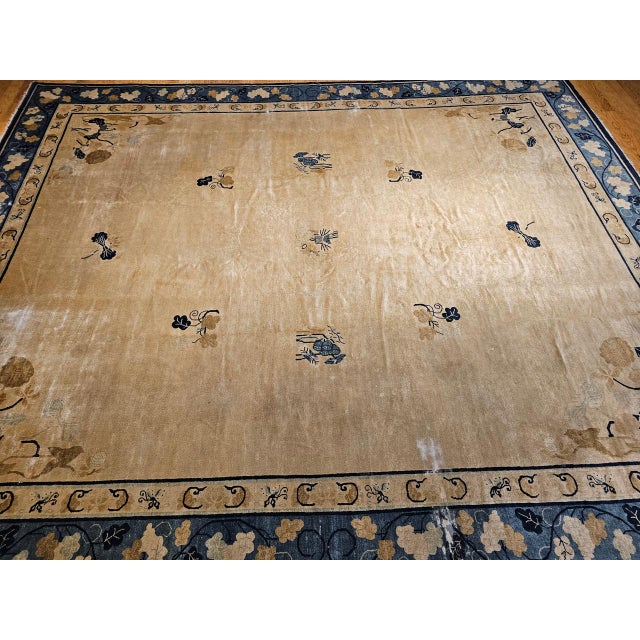 Late 19th Century 19th Century Antique Chinese Peking Rug, Handwoven Open Pattern, Tan & Blue, 12' X 14' For Sale - Image 5 of 17