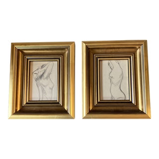1940’s Original Charcoal Female Nude Study Drawings Chunky Gold Frames-A Pair For Sale
