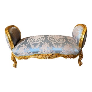 Vintage French Boudoir Bench Blue Damask Upholstery For Sale