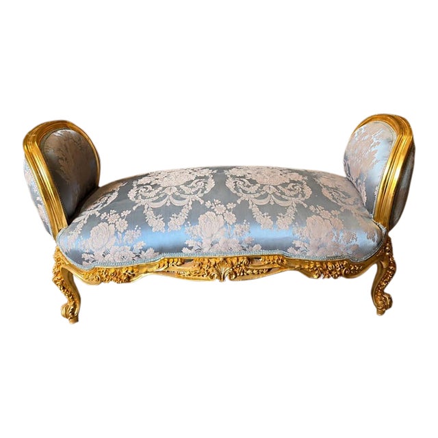 Vintage French Boudoir Bench Blue Damask Upholstery For Sale