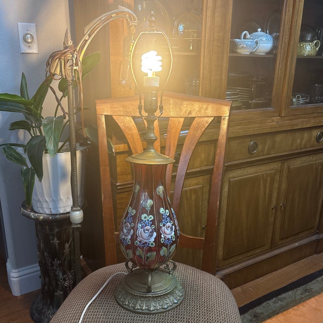 Antique Venetian Cranberry Glass Lamp With Hand Painted Roses For Sale - Image 4 of 6