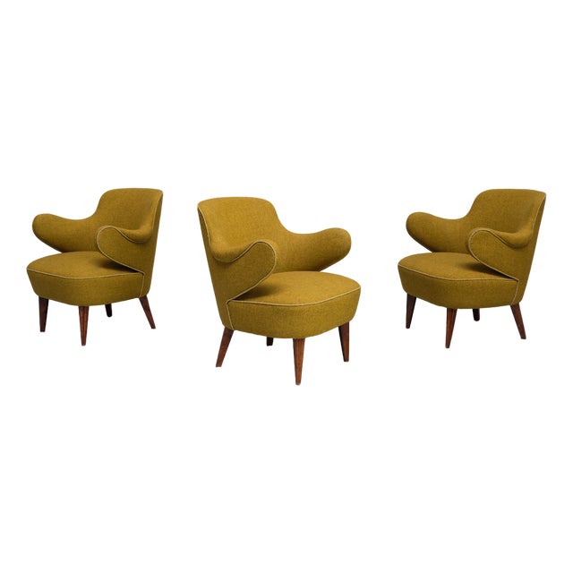 Armchairs in Birch and Chartreuse Wool, 1940s, Set of 3 For Sale
