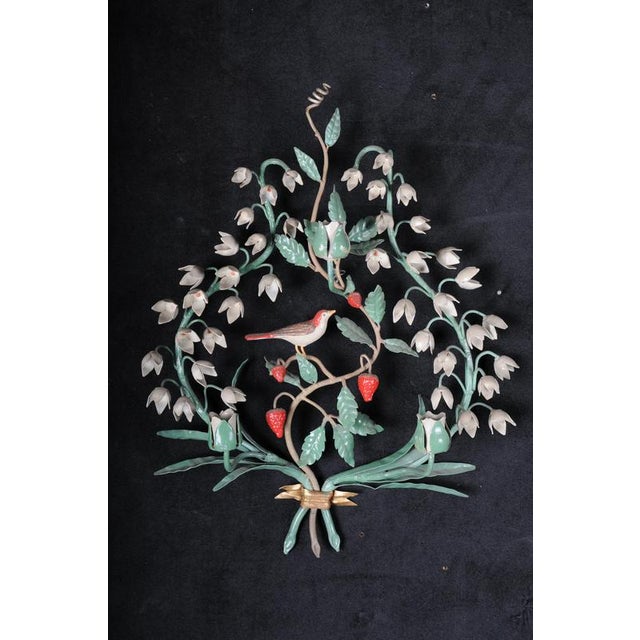Antique Painted Wrought Iron Wall Candleholders with Lily of the Valley, Set of 2 For Sale - Image 4 of 18