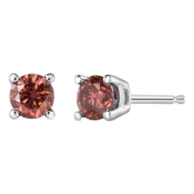 14K White Gold 1/3 Cttw 4-Prong Set Round Brilliant-Cut Pink Diamond Solitaire Stud Earrings (Treated Pink Color, VS2-SI1 Clarity) For Sale