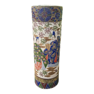 Mid 19th Century Meiji Satsuma Cylindrical Umbrella Stand Vase With Enamel Samurai Decoration