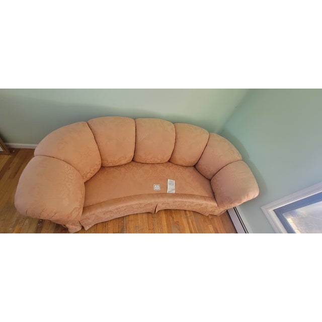 Baker Furniture Company Vintage Baker Furniture Curved Sofa in Peach Damask Upholstery For Sale - Image 4 of 5