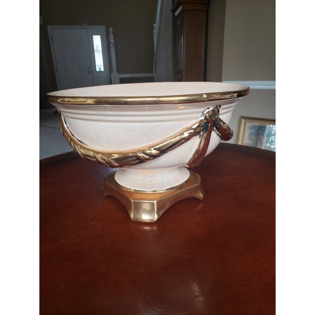 Rustic European Vintage Ivory & Gold Centerpiece Bowl Jovaes Sl - Manises Spain For Sale - Image 3 of 9