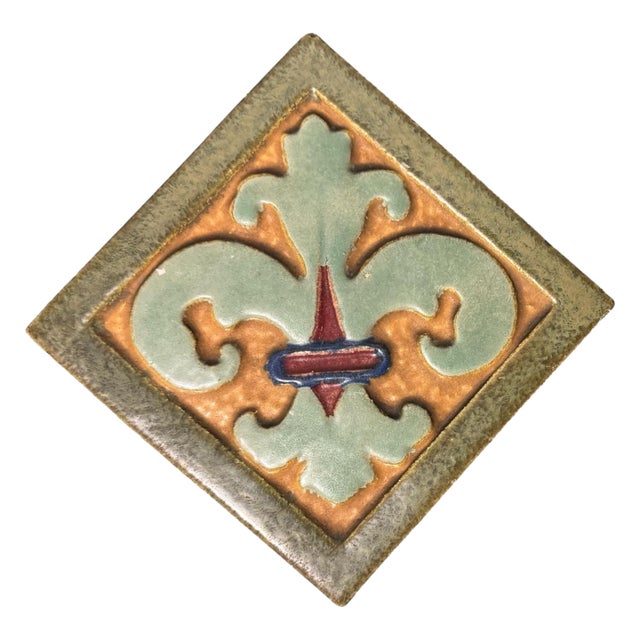 Vintage Mission Arts & Crafts Style Fleur De Lis Art Pottery Tile For Sale