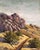 This oil painting captures a serene landscape characterized by rugged rock formations and gentle hills under a soft sky....