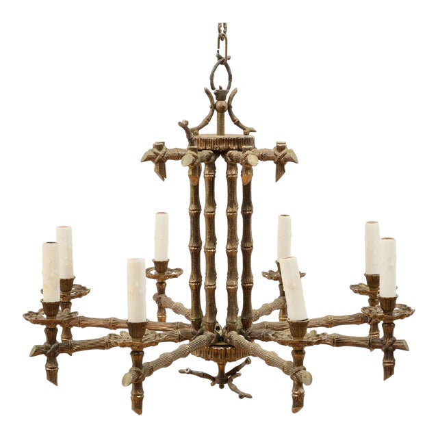 Hollywood Regency Bamboo Motif Bronze Chandelier With Eight Arms For Sale
