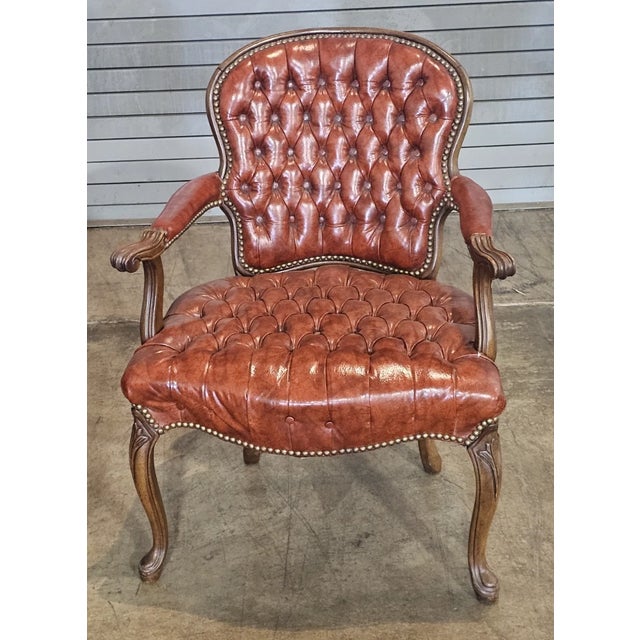 Late 20th Century Pair of Hickory Chair Tufted Red Leather Arm Chairs Walnut Frame For Sale In Cleveland - Image 6 of 12