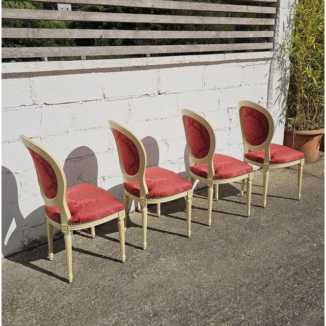 Textile Antique Louis XVI French Medallion Damask Chairs, Set of 4 For Sale - Image 7 of 18