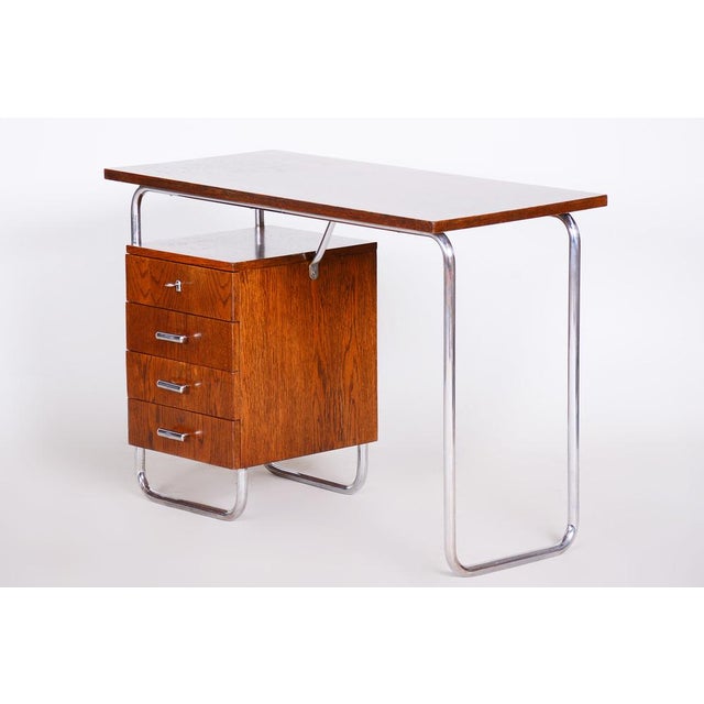 Bauhaus Writing Desk in Oak and Chrome by R. Slezák, Czech, 1930s For Sale - Image 14 of 14