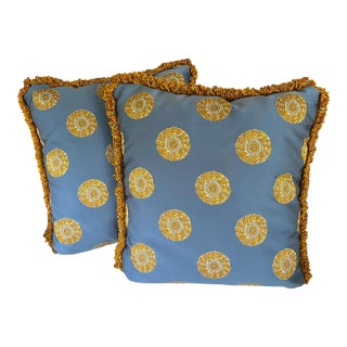 Pair of Custom Designer Pillows in Powder Blue & Golden Ochre Medallion Fabric With Textural Fringe Trim For Sale
