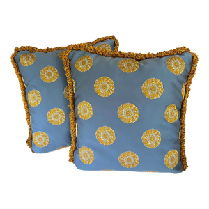 Pair of Custom Designer Pillows in Powder Blue & Golden Ochre Medallion Fabric With Textural Fringe Trim