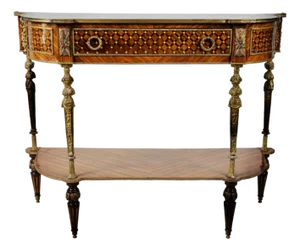 Late 19th Century French Louis XVI Demi-Lune Console Table With Fine Marquetry & Gilt Bronze Caryatid Legs