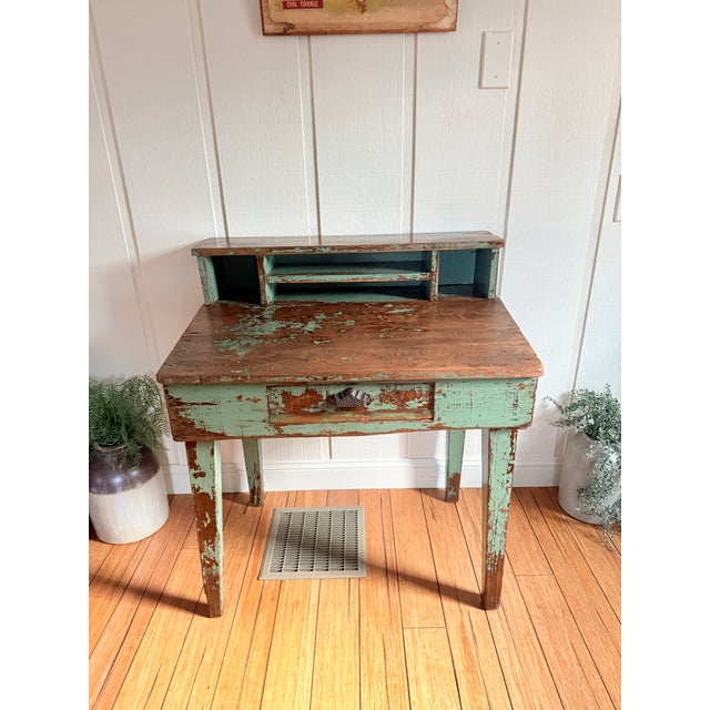 Wood Antique Industrial Pine Desk For Sale - Image 7 of 15