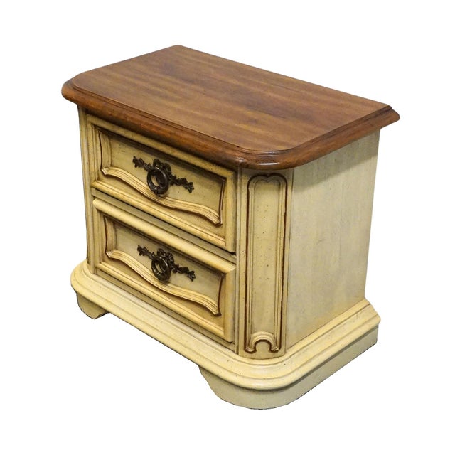 STANLEY FURNITURE Solid Pecan Antiqued Yellow Cream Painted Mediterranean 27" Two Drawer Nightstand 23" High 27.5" Wide...