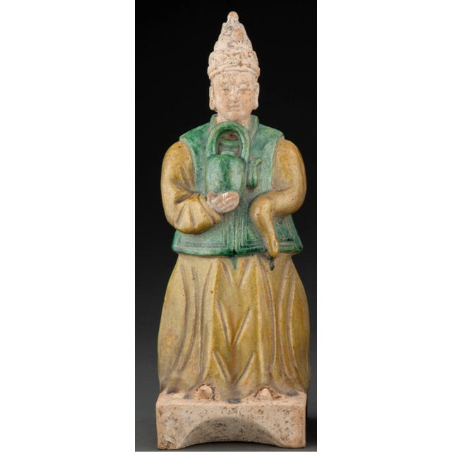 A pair of large antique Chinese polychrome ceramic attendants, Ming Dynasty (1368-1644). Outstanding 500+ year old Sancai...