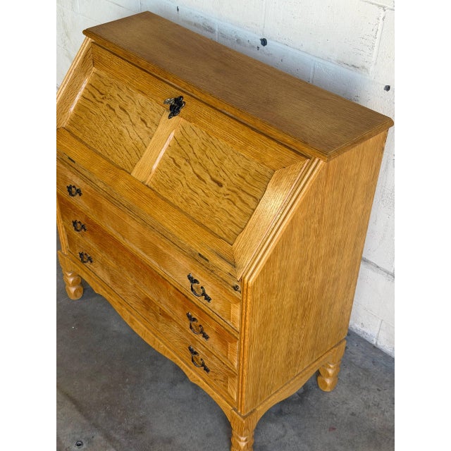 Oak Secretary Bureau With Drop-Front Desk and 9 Drawers Denmark Mid-Century Modern 1970s For Sale - Image 11 of 11