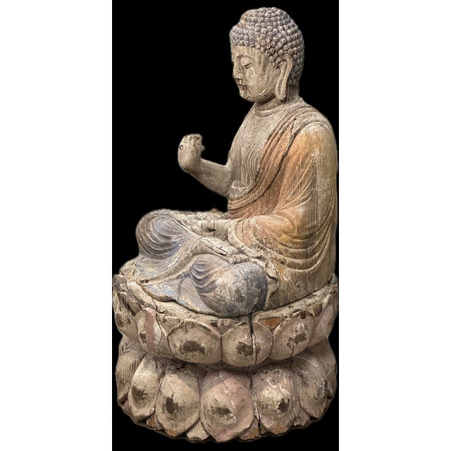 Chinese Antique Chinese Polychrome Wood Buddha on Double Lotus Base Large 42” For Sale - Image 3 of 10