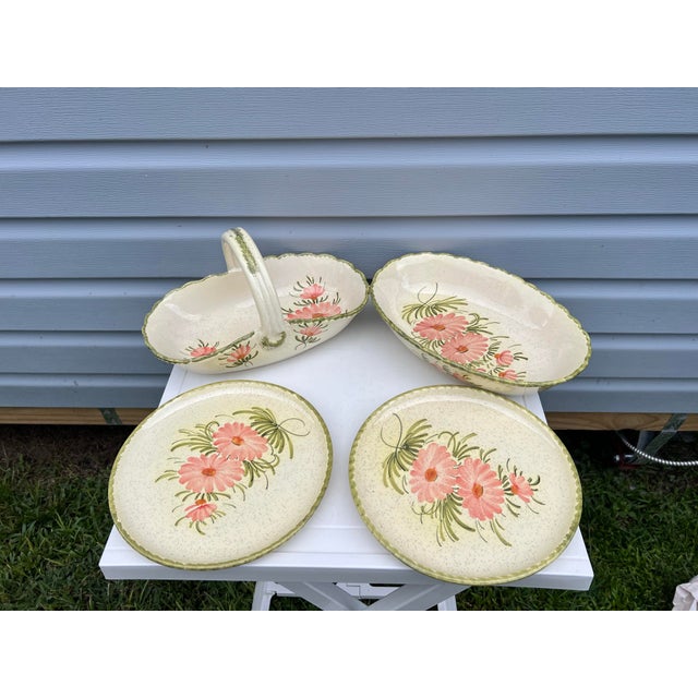 Floral Handpainted ceramic set of serving dishes including plates and oval bowl and basket. Ceramic Stoneware hand...