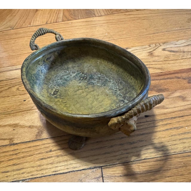 Metal Mid Century Brass Oval Jardiniere Lion Head Ram Horn Handles Paw Feet Hammered Bowl For Sale - Image 7 of 12