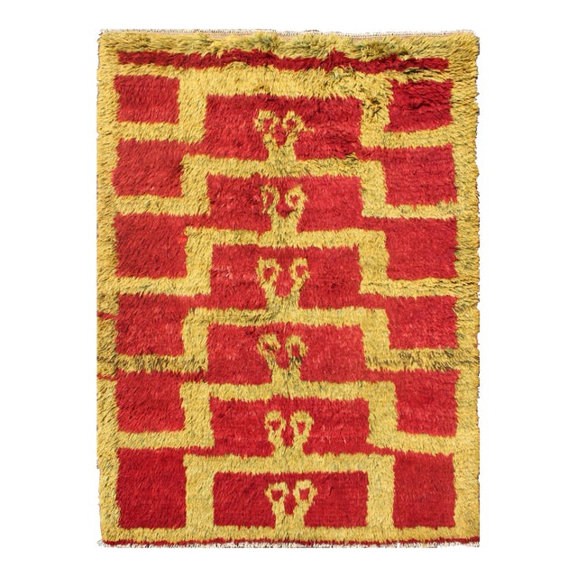 Vintage Mid-Century Tulu Vintage Rug With Tribal Pattern in Red and Green Gold For Sale
