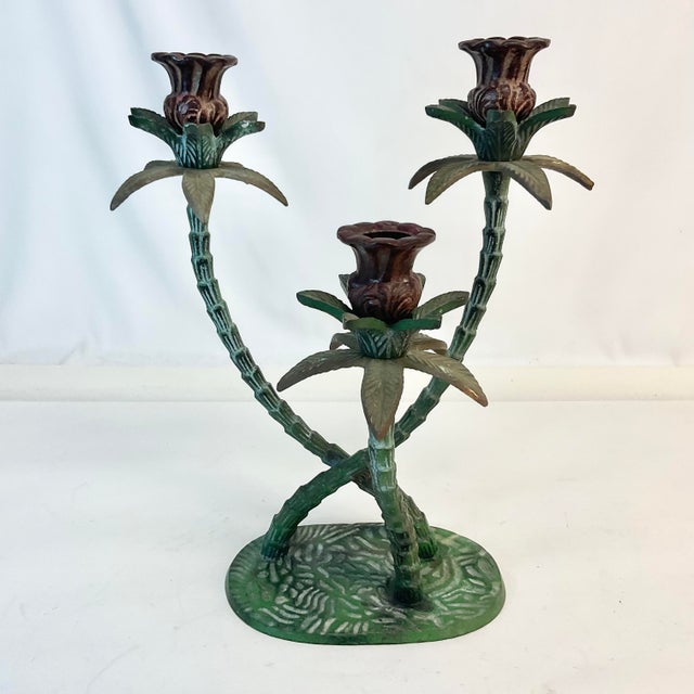 Boho Chic 1970s Vintage Coastal Boho Chic Tole Palm Tree 3-Arm Candelabra. For Sale - Image 3 of 11