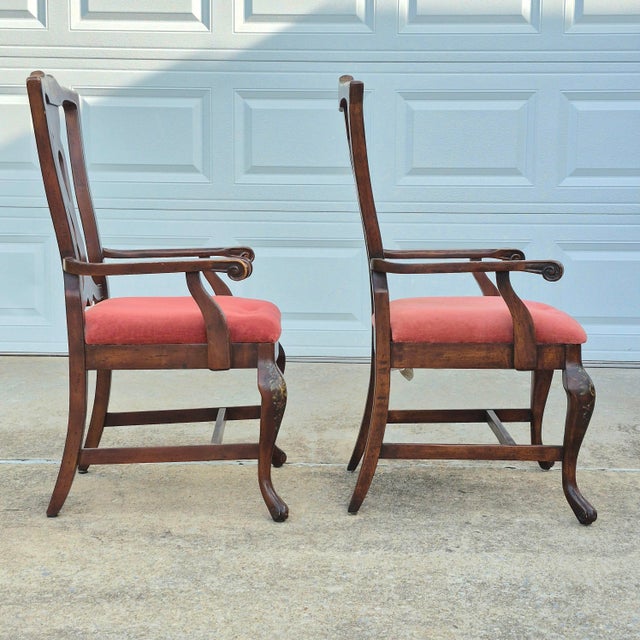 Mid-20th Century Vintage Lane Rustic Floral Paint Decorated Walnut Arm Chairs, a Pair For Sale - Image 12 of 18