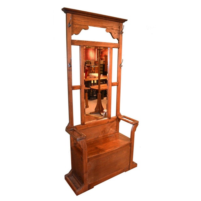 Wood Oak Hall Tree With Storage Trunk - Walnut Stain For Sale - Image 7 of 8