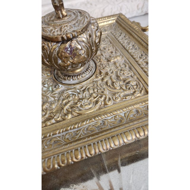 Vintage Ornate Brass Pegasus Inkwell Tray With Glass Ink Insert For Sale - Image 13 of 18