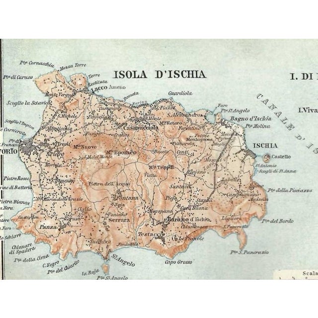Circa 1910 map of Ischia, Italy from an Italian guidebook. The end folds out, upper margin is 7 inches when folded out....