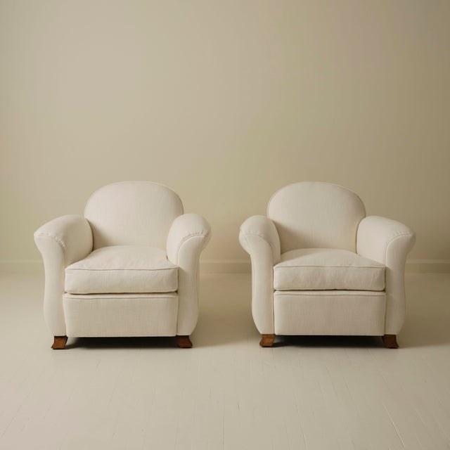 French Art Deco Upholstered Club Chairs, a Pair, With Sculptural Rounded Backs, 1930's For Sale - Image 4 of 10