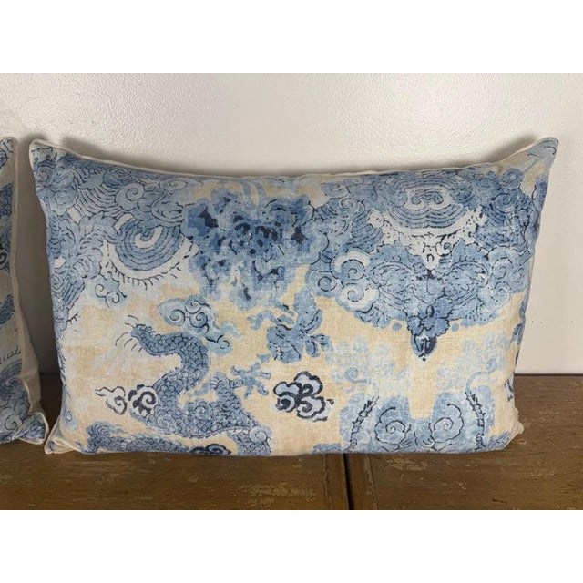 Modern Elegant Pair of Modern Dragon Printed Linen Pillows, Soft Blue & Ivory For Sale - Image 3 of 8