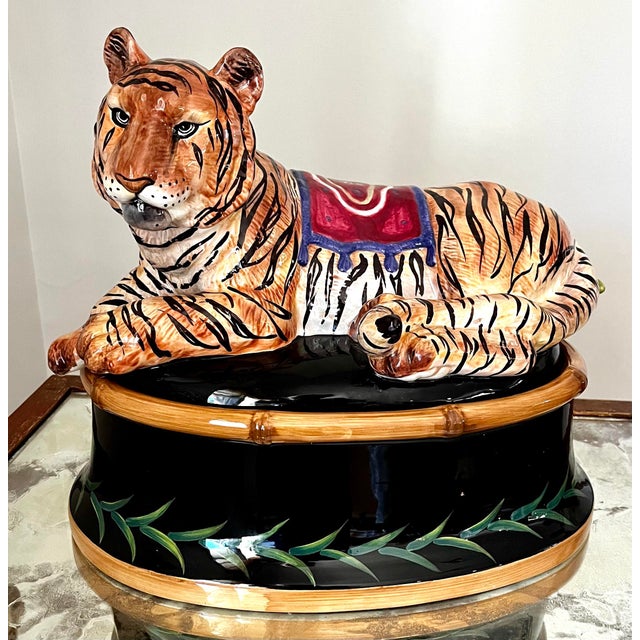 2000s Raymond Waites Ceramic Safari Tiger Soup Tureen With Lid & Ladle