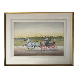 Antique English Equestrian Watercolor & Gouache Carriage Scene by h.w. Standing, 1902