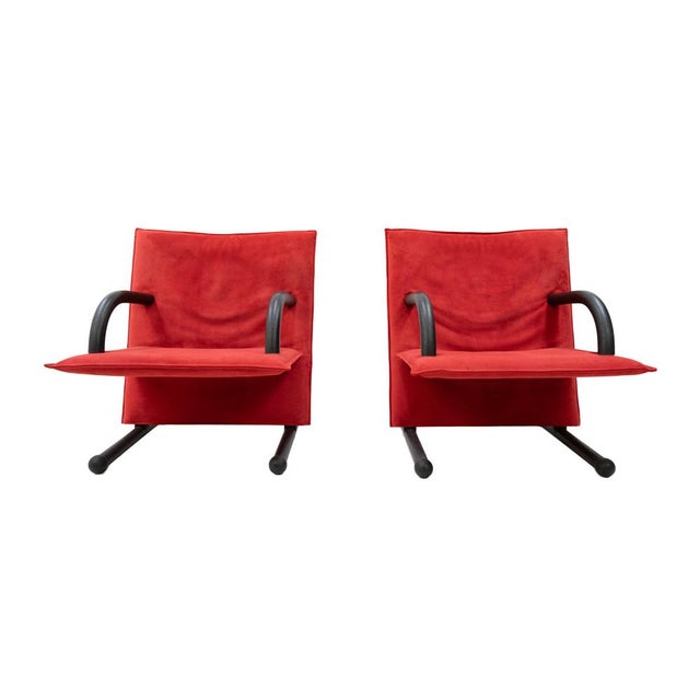 Red Postmodern T Line Lounge Chairs in Red Alcantara by Arflex,, Italy, 1982, Set of 2 For Sale - Image 8 of 11