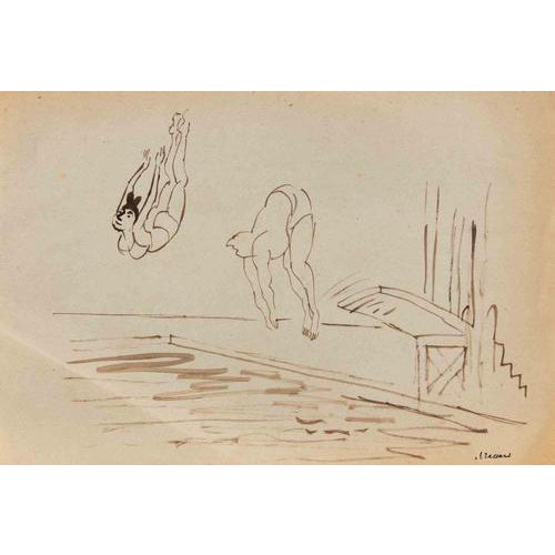 Mino Maccari, Swimmers, Watercolor Drawing on Paper, 1960s For Sale
