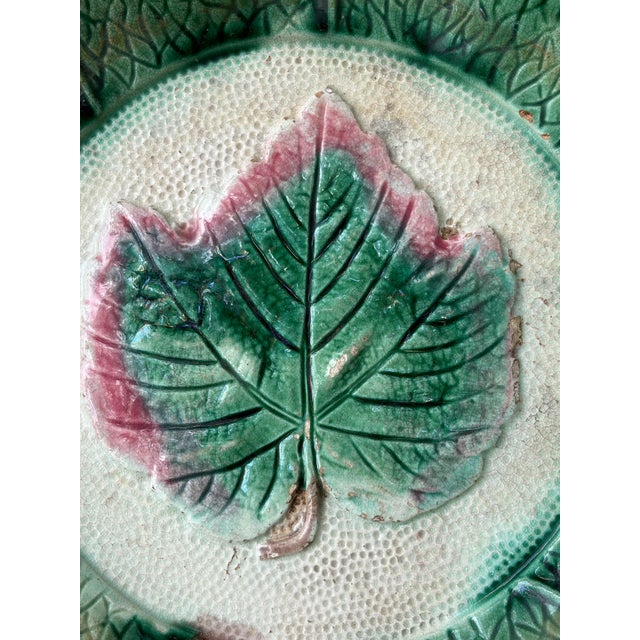 Antique Majolica maple leaf bowl, serving dish. Maple leaf in the center outlined with a bit of pink. Green and yellow...