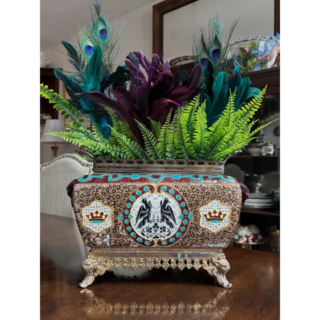 A D.Jules Vieillard & Cie Antique Porcelain Jardiniere. rectangular form, enameled with turquoise and purple scrolling...