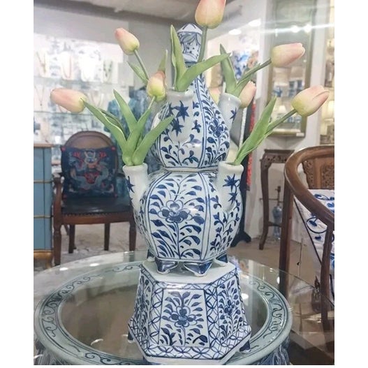Mid-Century Modern Vintage MCM Chinoiserie Three Tier Tulipiere Porcelain Flowers Vase For Sale - Image 3 of 4
