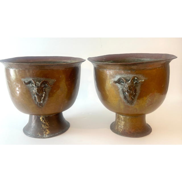 Pair of Copper and Mixed Metal late 19th Century Jardinieres with Ram Handles For Sale In Los Angeles - Image 6 of 11