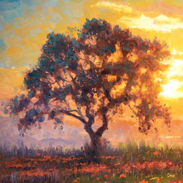 Contemporary Field of Memories by Christopher Clark | Oil on canvas Landscape with poppies and trees at sunset For Sale - Image 3 of 4