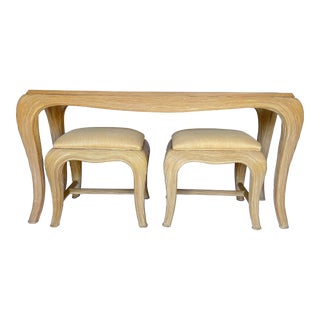 1970s Vintage Split Reed Style Console Table With Glass Top and Matching Benches - Set of 3 For Sale